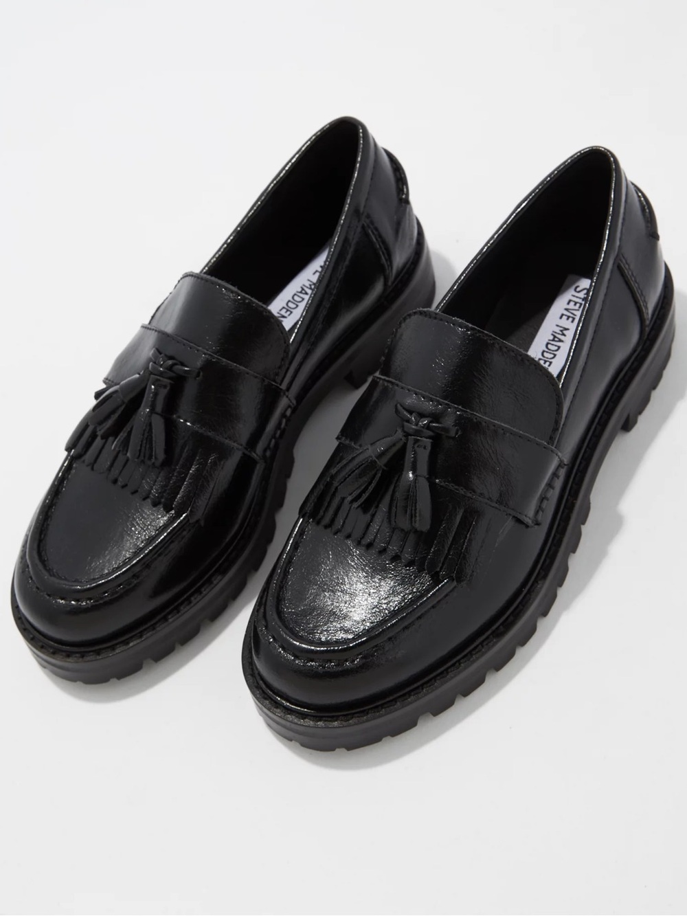 Steve Madden Minka Loafers Tassel Lug Sole Black Leather Womens 8.5 Preppy